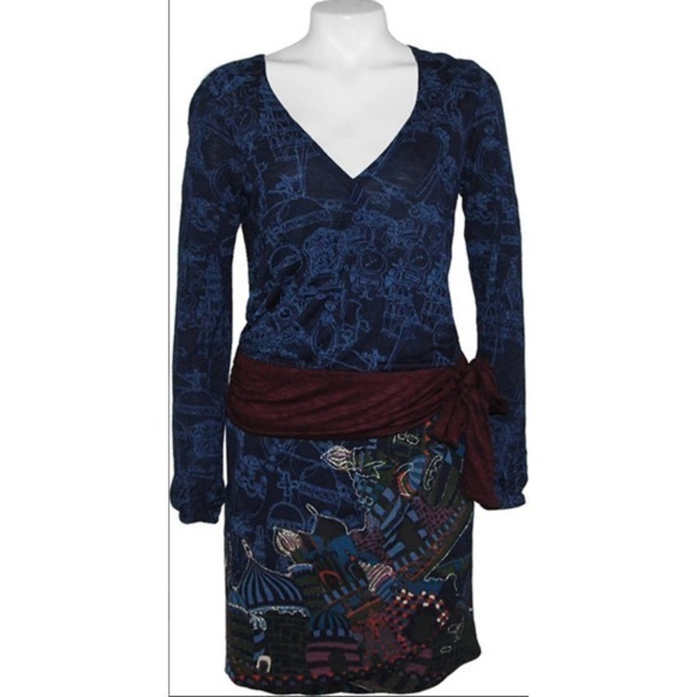 Desigual Fabiola dress long sleeve maroon tie waist v-neck pattern v-neck small